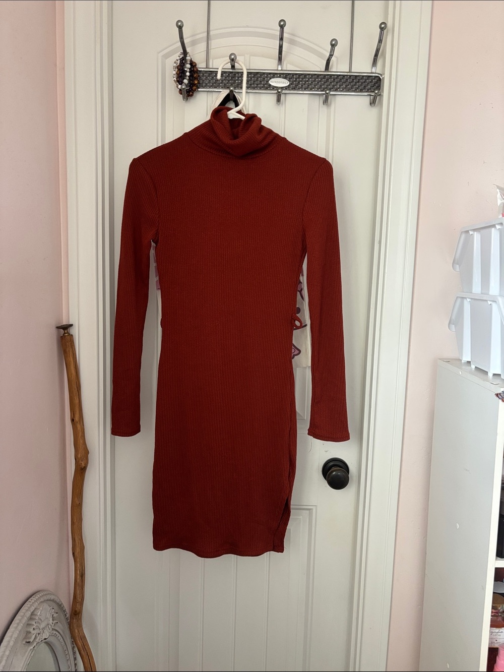 Revamped Ribbed Turtleneck Bodycon Dress in Rust Red